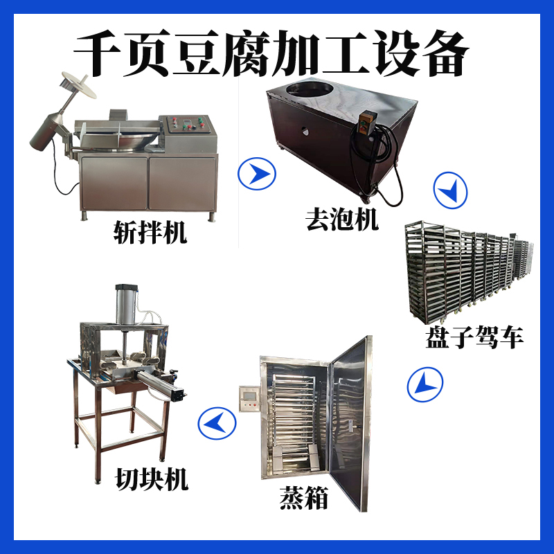 千頁豆腐加工設備斬（zhǎn）拌機、去泡（pào）機（jī）、蒸箱（xiāng）、切塊機現貨供（gòng）應